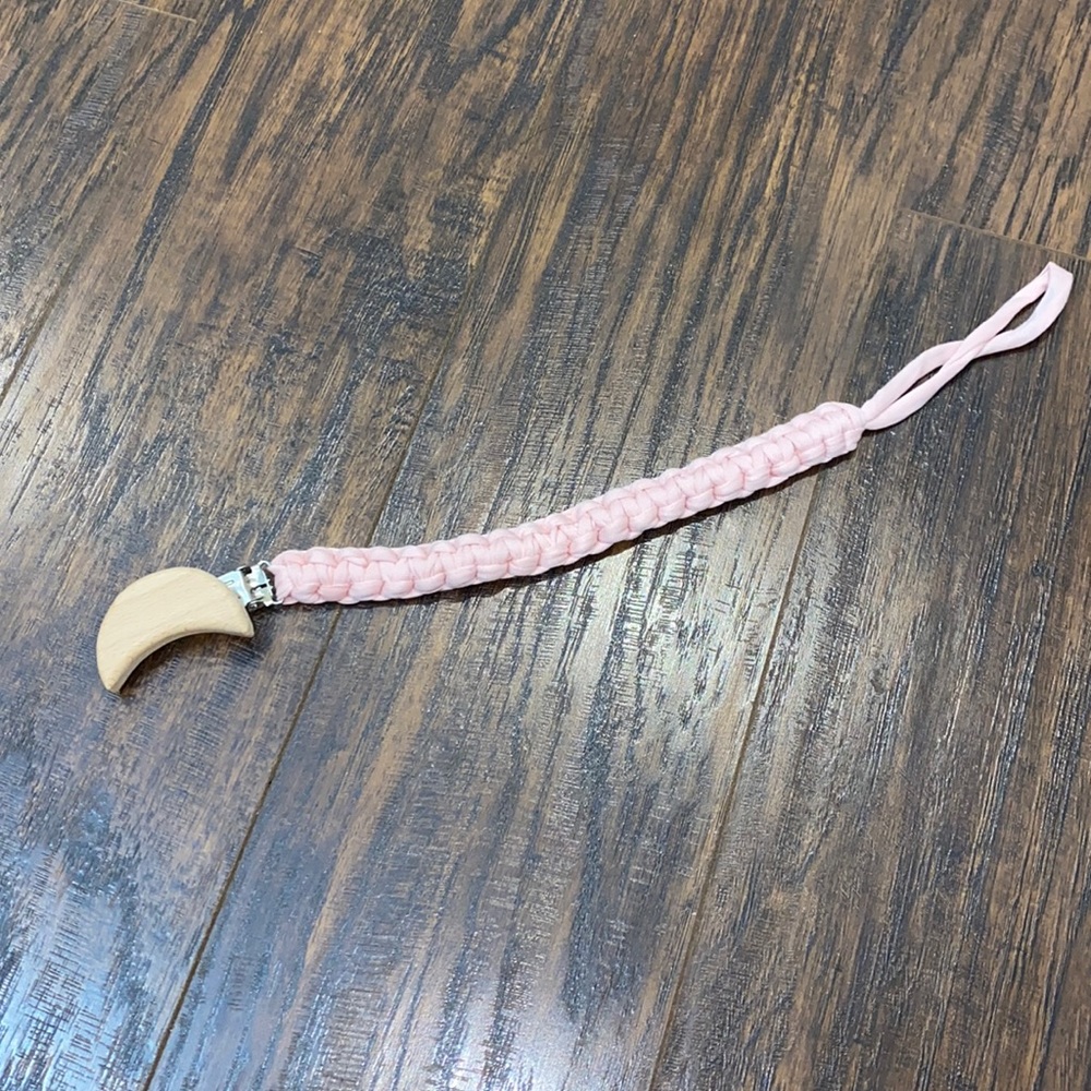 Crescent Moon shaped beechwood and pink cotton paci clip